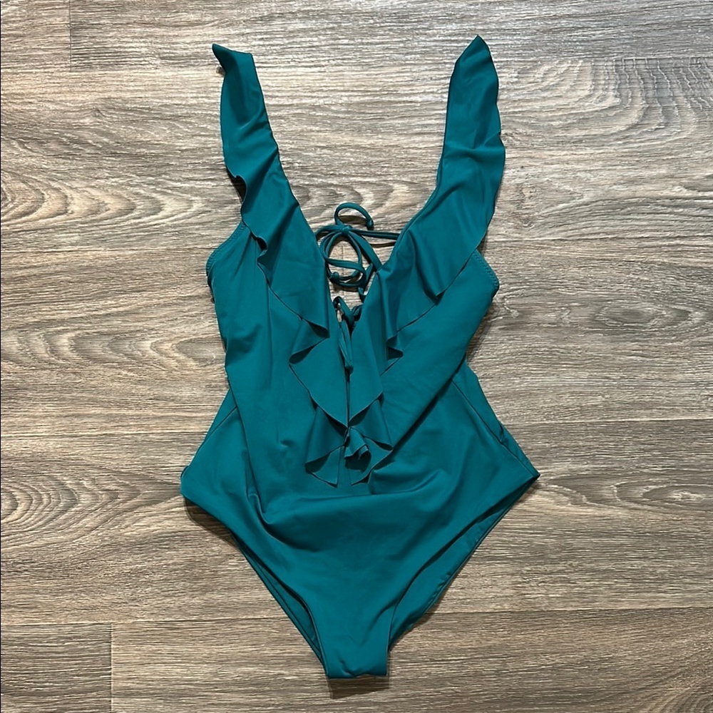 Becca Socialite Ruffle One Piece Medium Plunge Green Swim Open Back Boho Summer